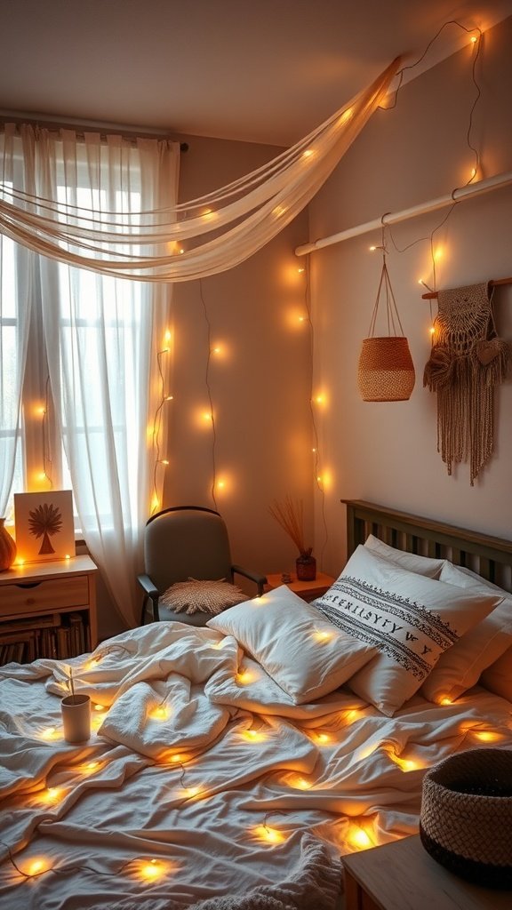 A boho bedroom with soft fairy lights creating a warm atmosphere