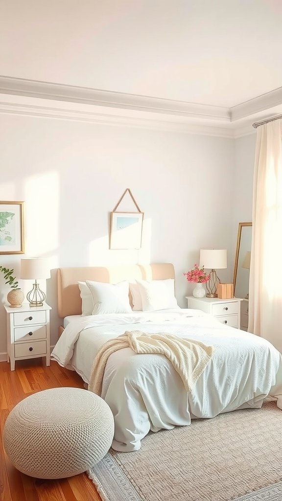 A cozy bedroom featuring soft pastel accents with a light color palette and warm wood flooring.
