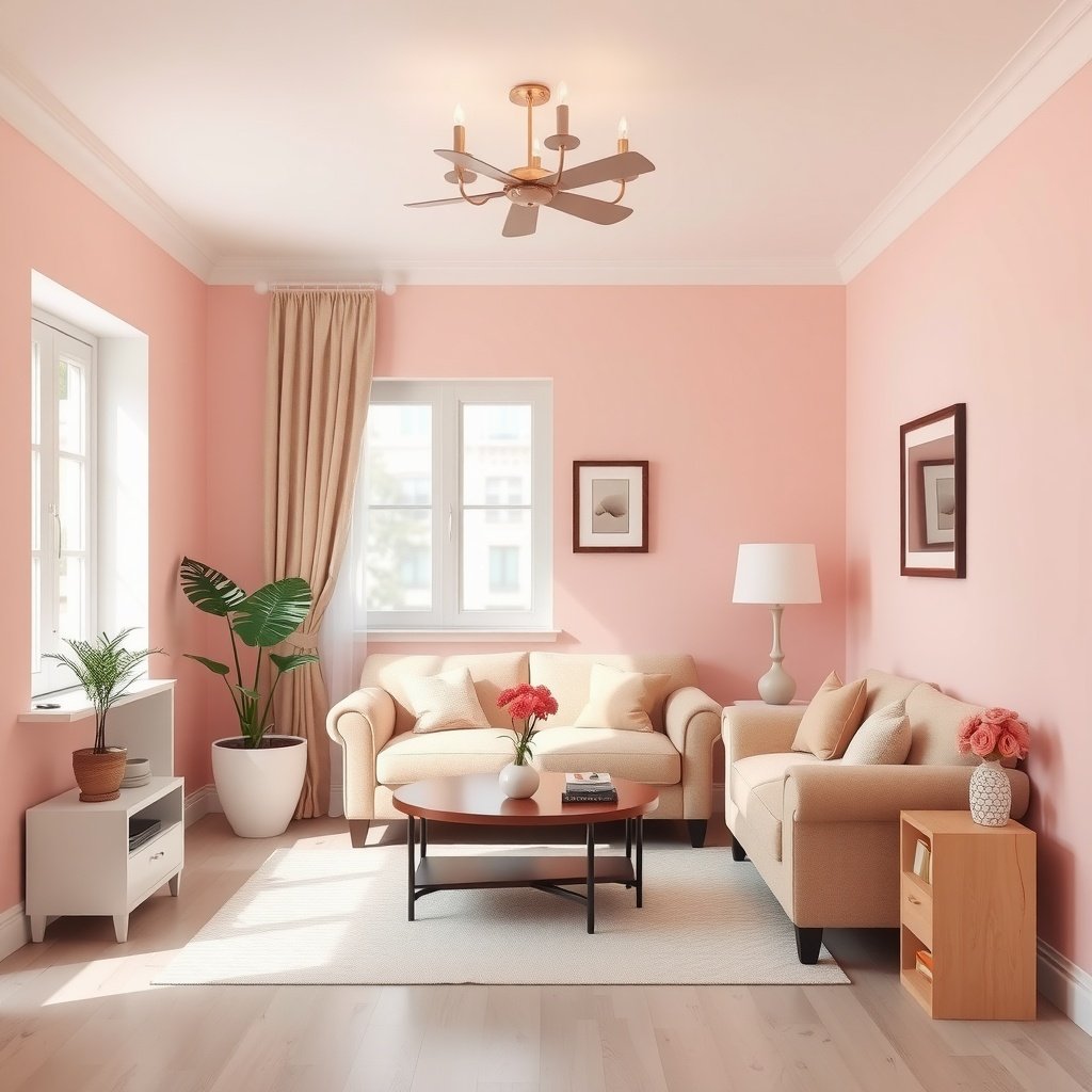 A small living room featuring soft pink walls and cream furniture.