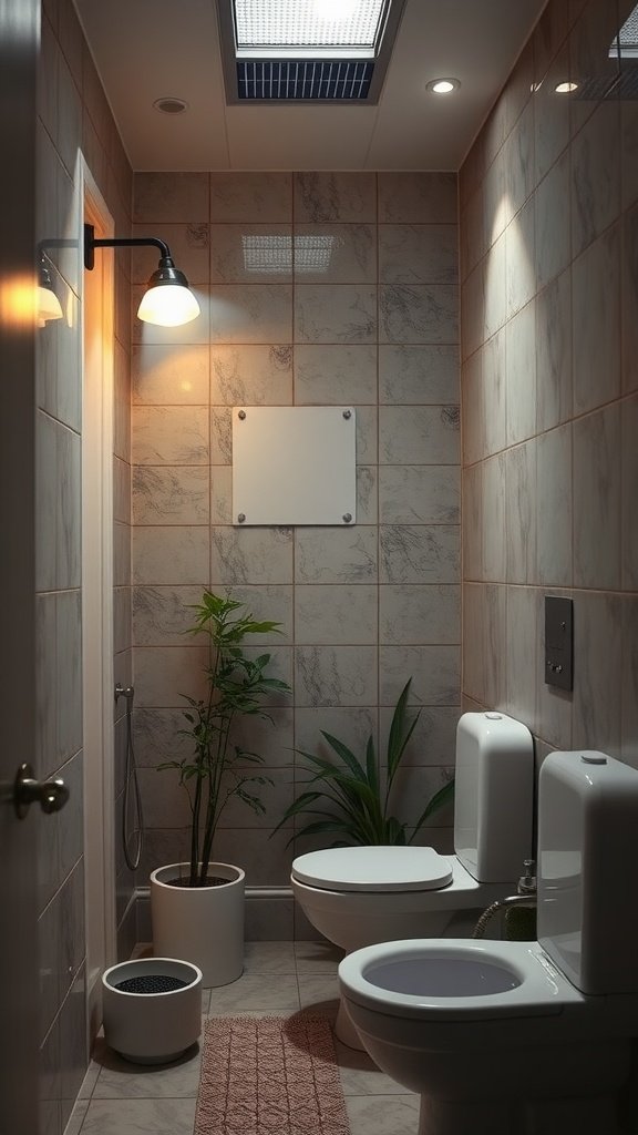 A cozy bathroom featuring solar-powered lighting, plants, and modern fixtures.