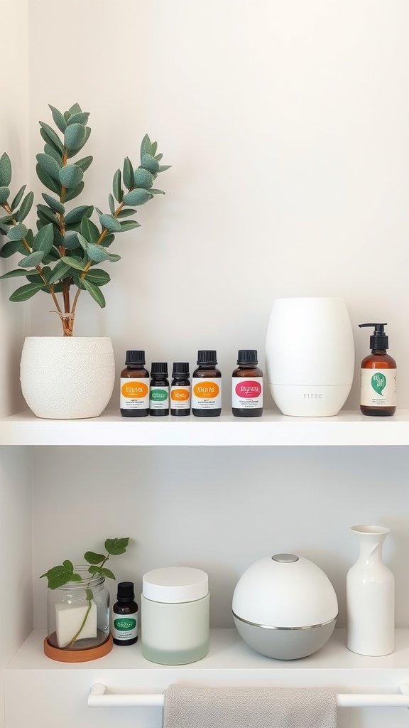 A shelf displaying essential oils and a diffuser, enhancing the soothing ambiance of a spa-inspired bathroom.