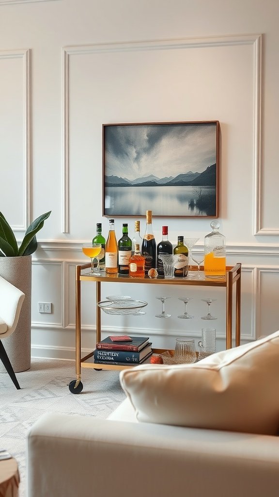 A stylish bar cart with various bottles, glasses, and drinks, set against a sophisticated living room backdrop.