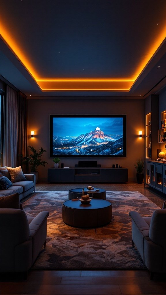 A cozy living room designed as a home theater with comfortable seating, a large screen, and ambient lighting.