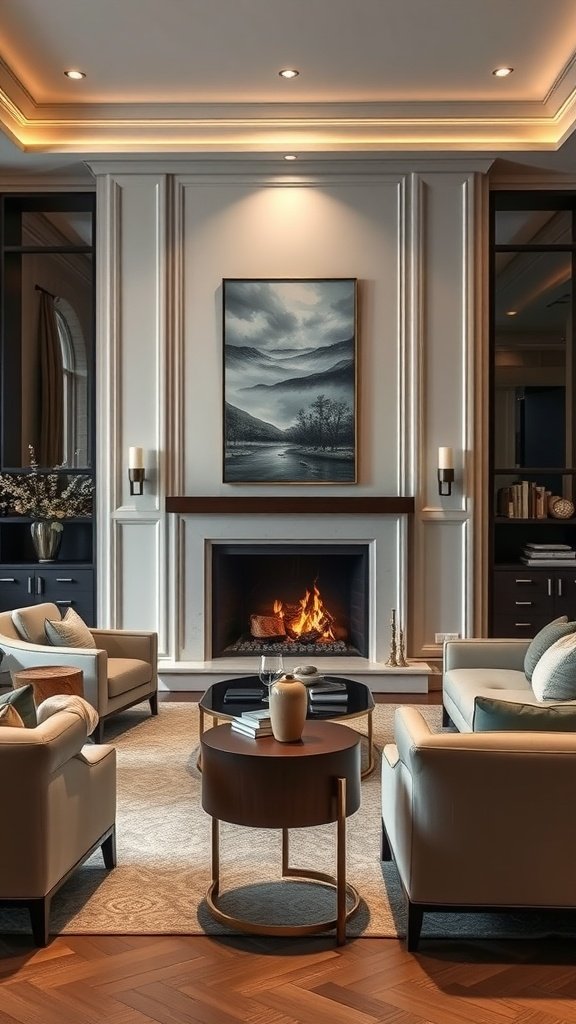 A sophisticated living room with a fireplace, neutral colors, and elegant decor.