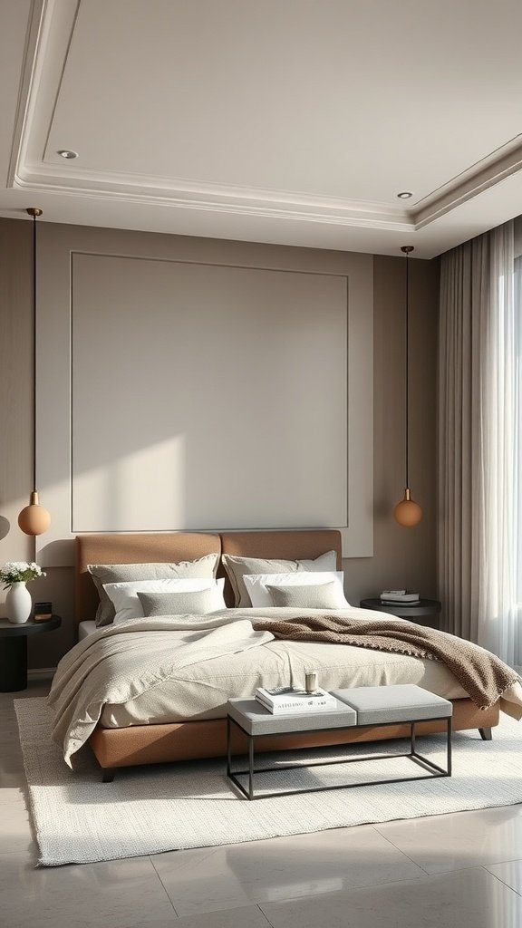 A cozy, neutral bedroom featuring a simple bed, soft bedding, and elegant decor.