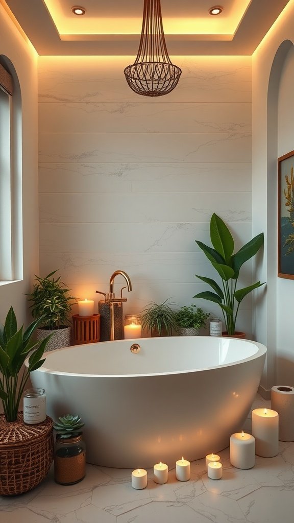 Modern bathroom with a freestanding tub, plants, candles, and soft lighting