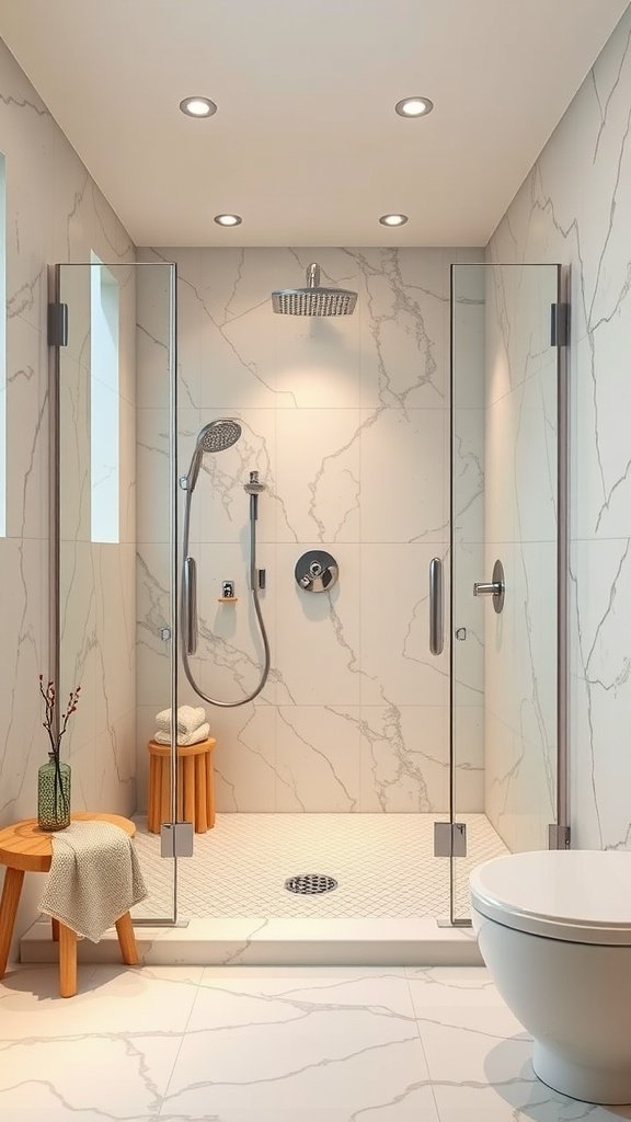 A modern shower design featuring a glass enclosure, marble walls, and a steam feature.