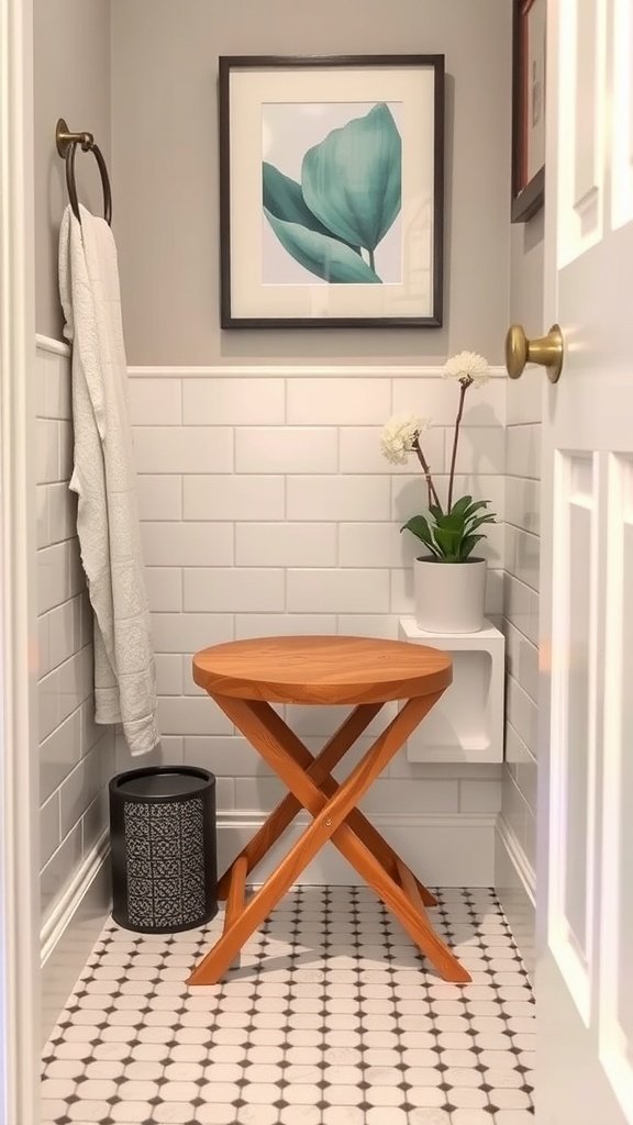 A space-saving folding stool in a small bathroom.