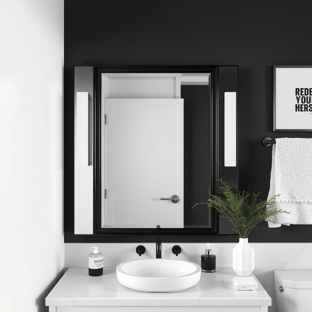 A modern bathroom featuring a black and white statement mirror above a white sink with minimalistic decor.