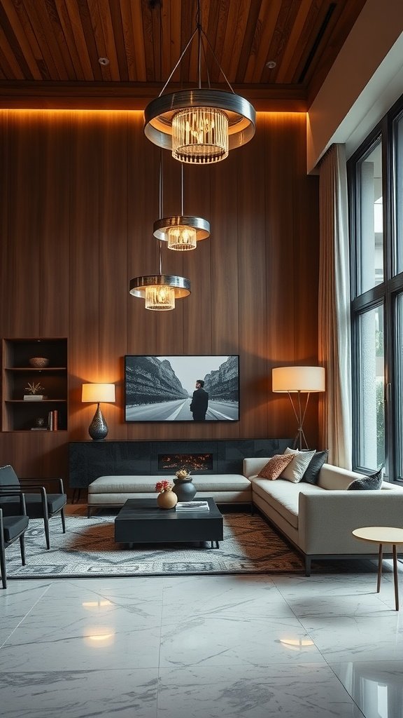 Contemporary living room featuring statement lighting fixtures.