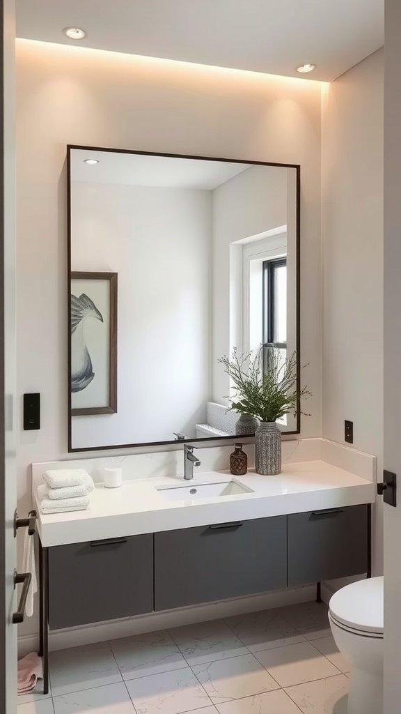 A modern bathroom featuring a large framed mirror above a sleek vanity with a plant and decorative items.