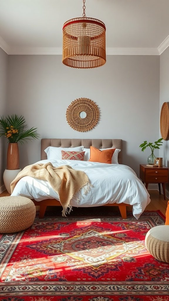 A cozy boho bedroom featuring a vibrant statement rug