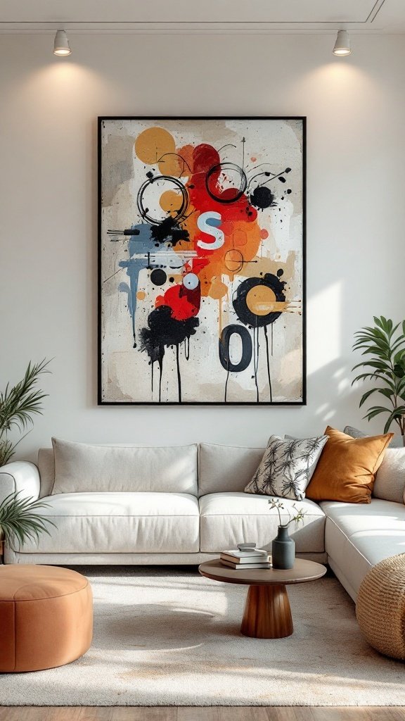 A living room with a large colorful abstract painting on the wall, a light-colored sofa, and a round coffee table.