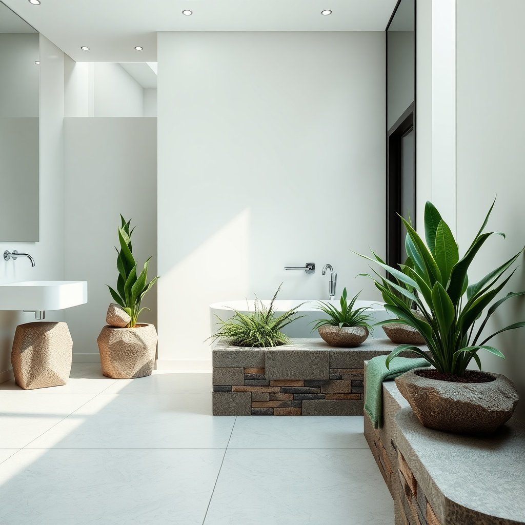 Modern bathroom featuring stone planters with green plants