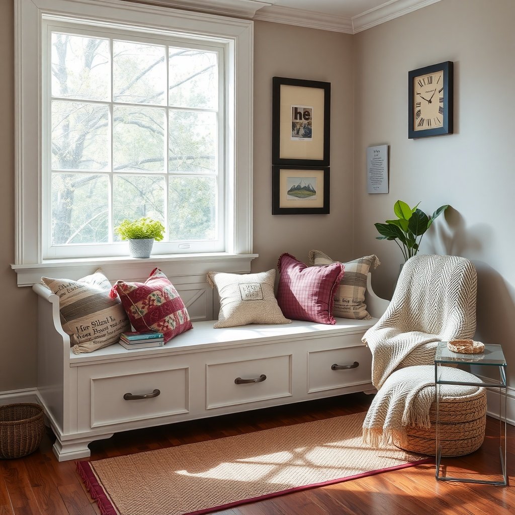 A cozy living room corner featuring a storage bench by the window, adorned with decorative pillows and a plant.