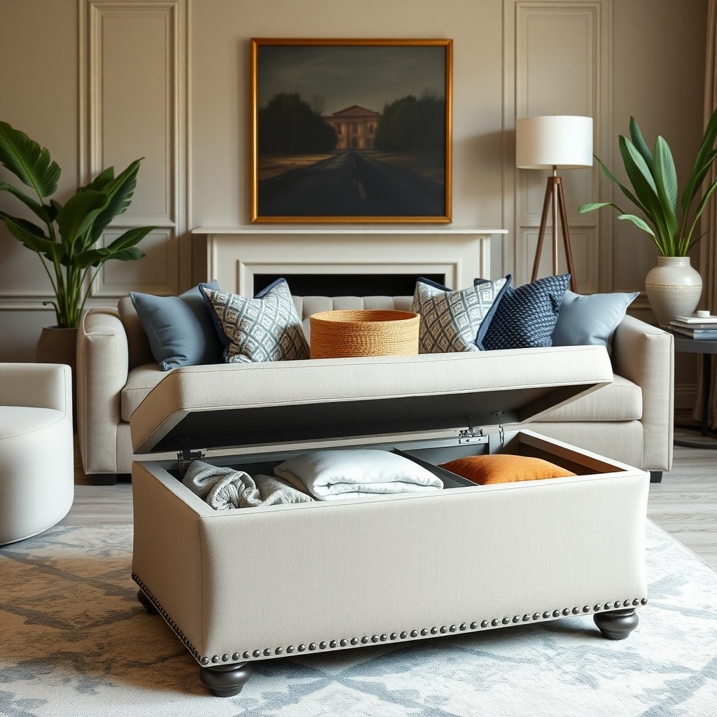 A stylish storage ottoman in a cozy living room, with a comfortable sofa and decorative items.