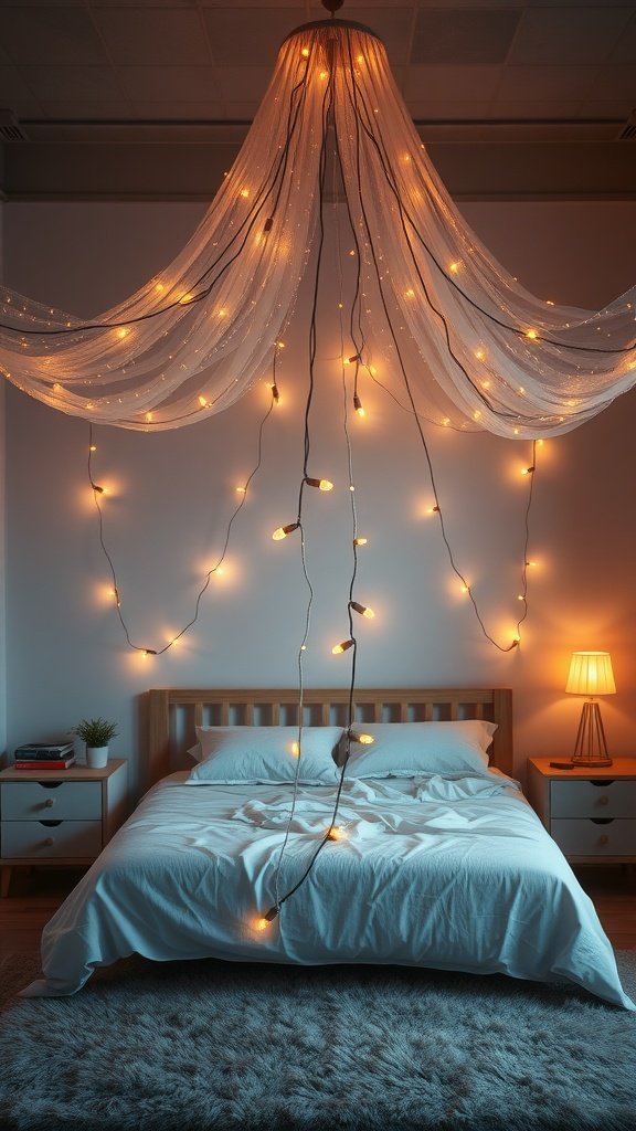 A cozy bedroom featuring a string lights canopy with soft fabric and warm glowing lights.
