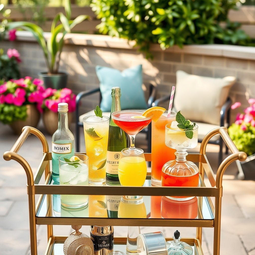A stylish bar cart filled with various colorful beverages, surrounded by flowers and patio seating.