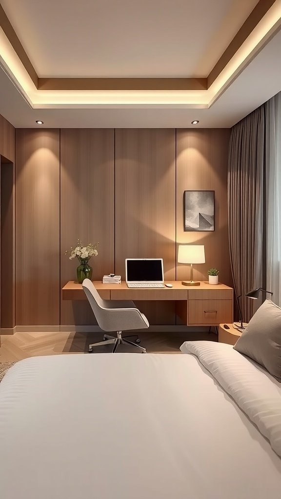 A cozy bedroom featuring a stylish desk area with neutral decor, showcasing a computer, a lamp, and decorative elements.