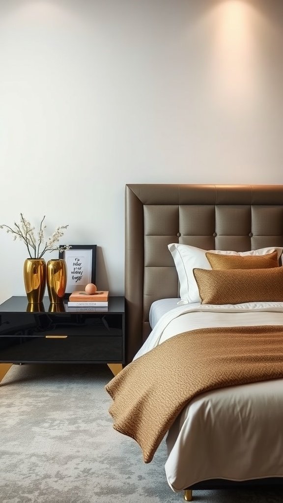 Luxurious bedroom featuring a stylish nightstand with gold accents and elegant decor.