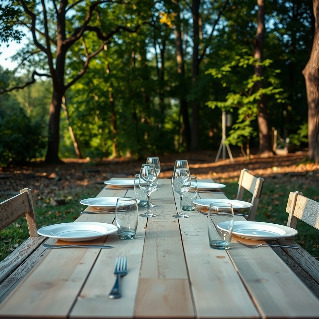 A rustic picnic table set for dining outdoors, surrounded by trees.