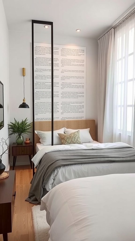 A stylish bedroom featuring a sleek room divider, cozy bedding, and warm decor.