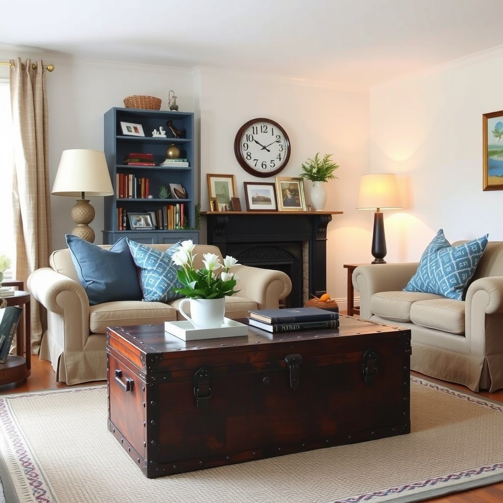 A cozy living room featuring a stylish trunk as a coffee table, surrounded by comfortable seating and decorative elements.