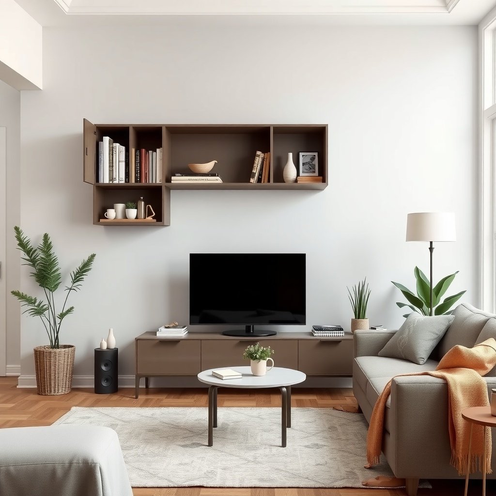 Stylish wall-mounted cabinet in a small living room with a TV and plants.