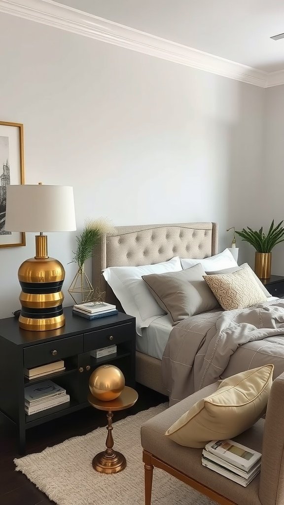 A cozy bedroom featuring a beige tufted headboard, metallic accents, and a blend of neutral colors.
