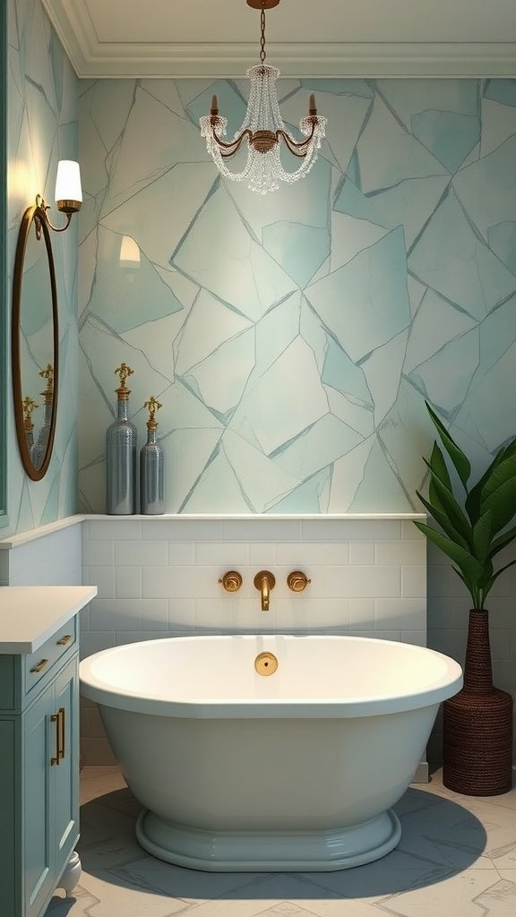 A bathroom featuring seafoam green accents with elegant fixtures and a relaxing atmosphere.