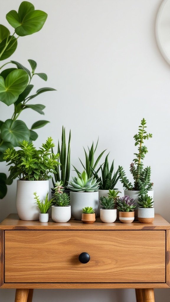 A wooden nightstand with various succulent plants arranged neatly on top.