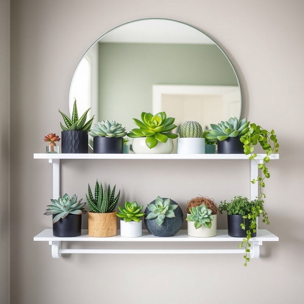 A shelf garden with various succulents and decorative items in a modern bathroom.