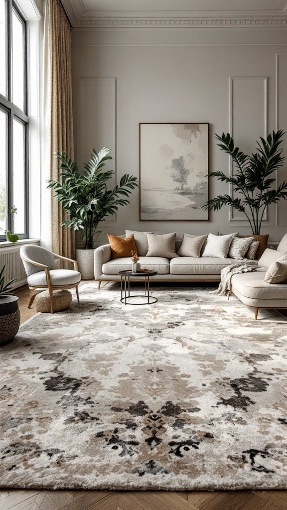 Cozy living room featuring a plush area rug with neutral tones, complemented by stylish furniture and greenery.