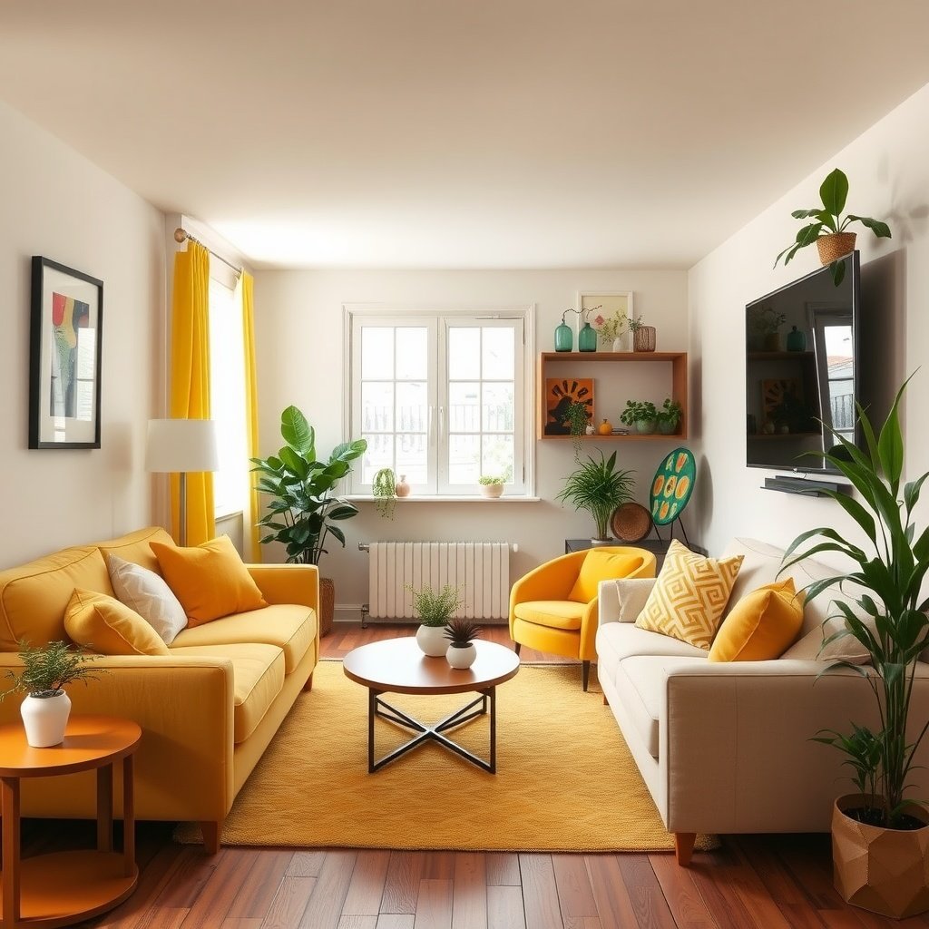 A cheerful living room decorated in sunny yellow tones, featuring yellow sofas, curtains, and accessories.