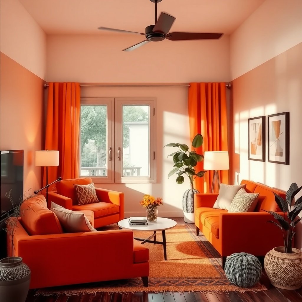 A cozy living room with orange furniture, curtains, and decor, creating a warm atmosphere.