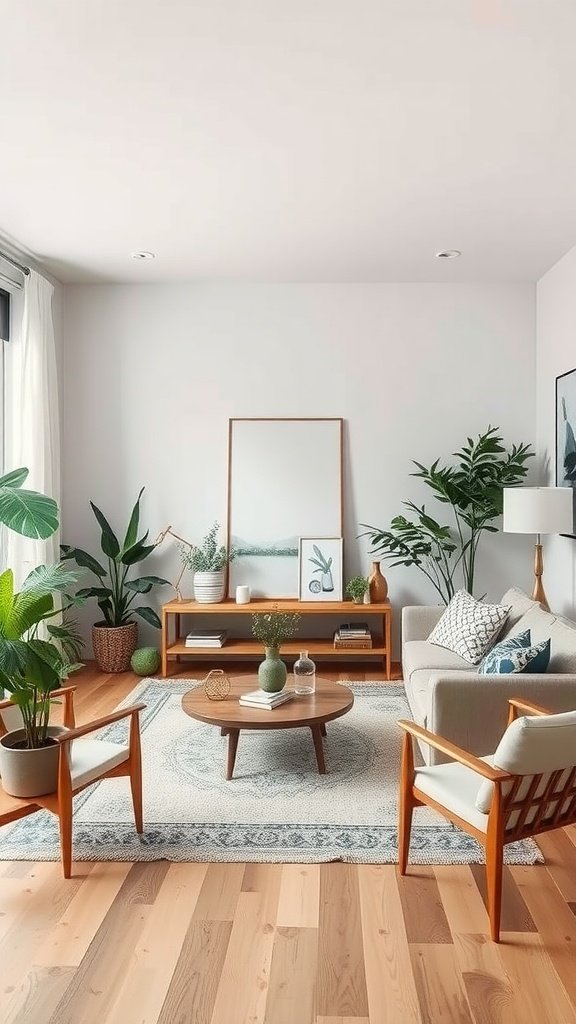 A cozy living room featuring eco-friendly furniture, plants, and a bright atmosphere.