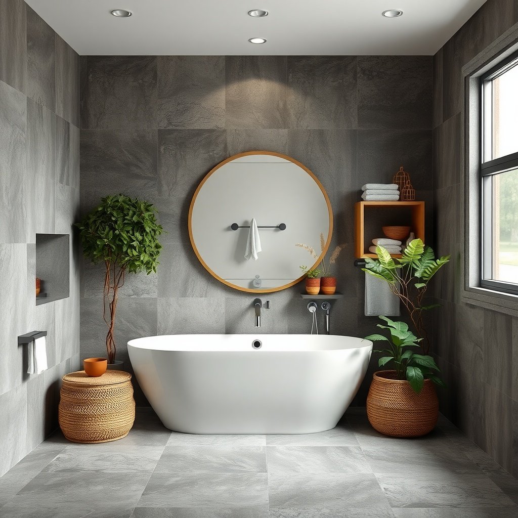 Modern bathroom featuring plants and recycled material decor.