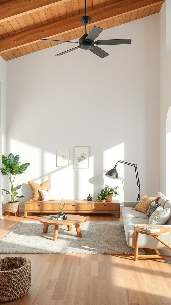 A bright and airy contemporary living room with wooden accents, plants, and natural light.