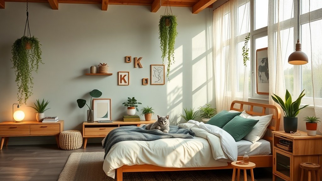 A modern bedroom featuring natural wood furniture, indoor plants, and soft lighting.