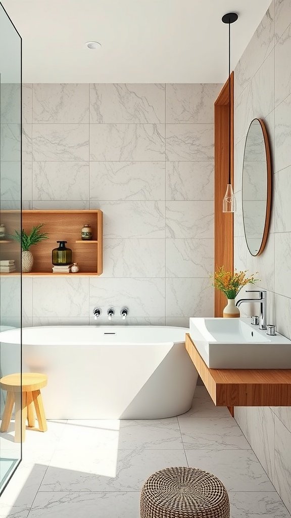 A modern bathroom featuring sustainable materials like bamboo accents and recycled tiles.