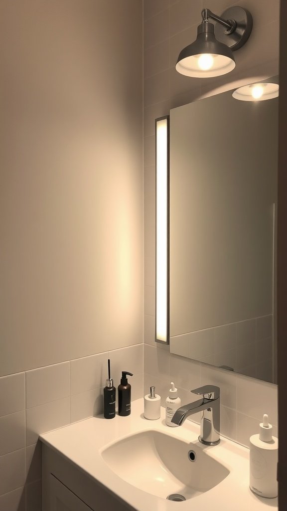 A well-lit bathroom mirror with task lighting above, ideal for grooming.