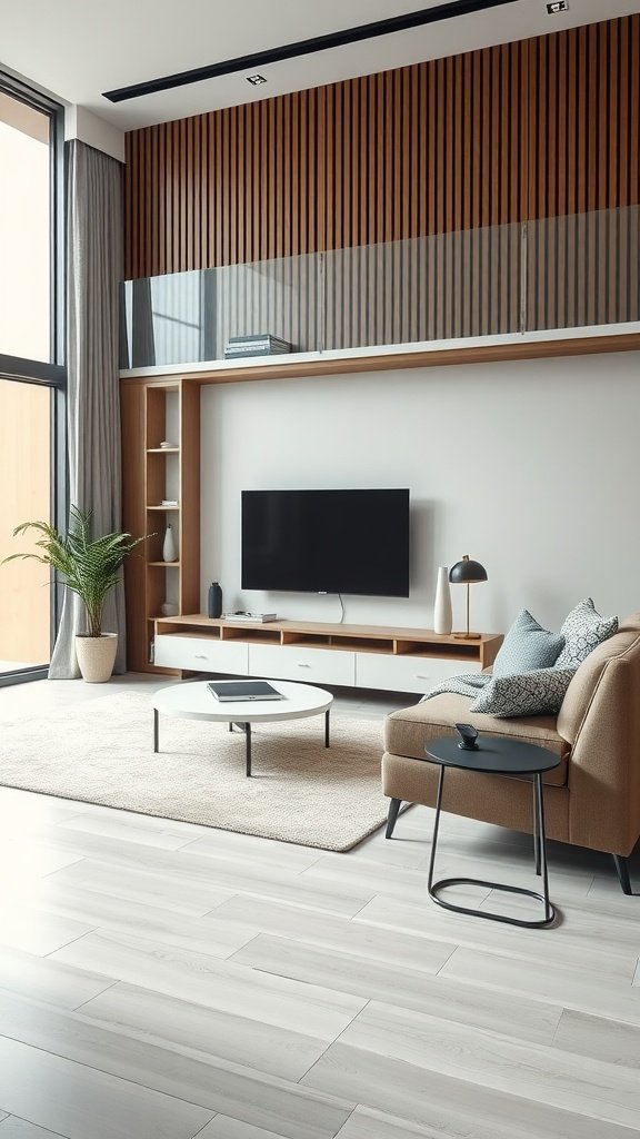 A modern living room featuring a large TV, stylish furniture, and ample natural light.