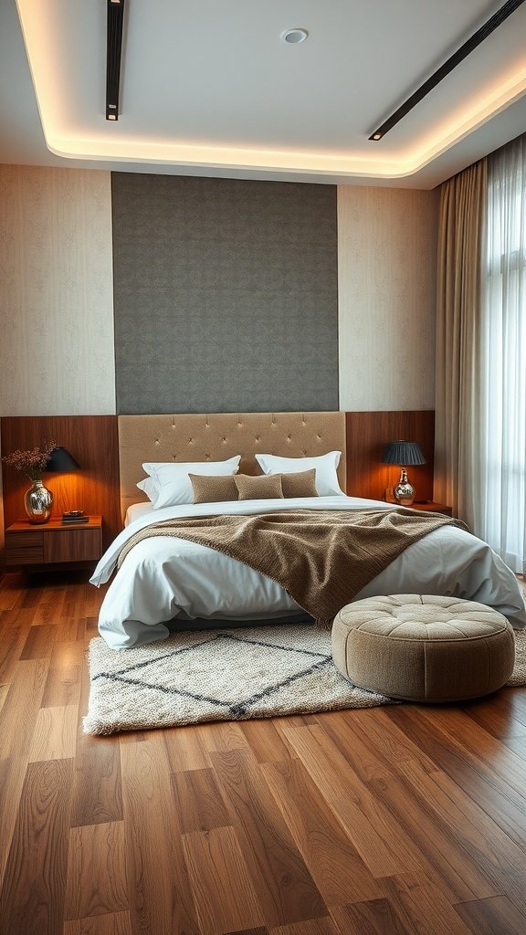 A cozy bedroom featuring a textured area rug on wooden flooring.