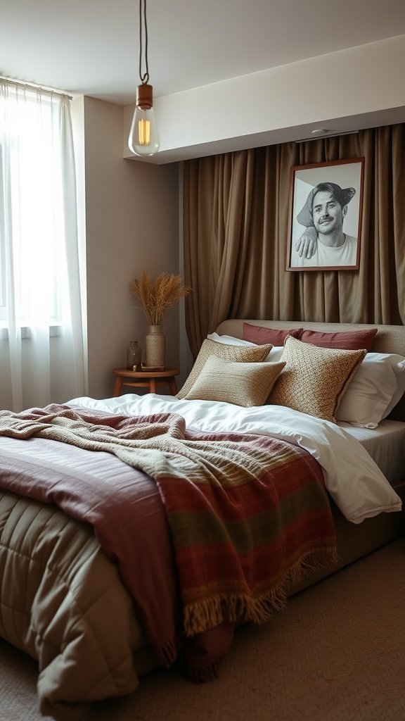 A neatly made bed with textured beige bedding, creating a cozy and inviting atmosphere.