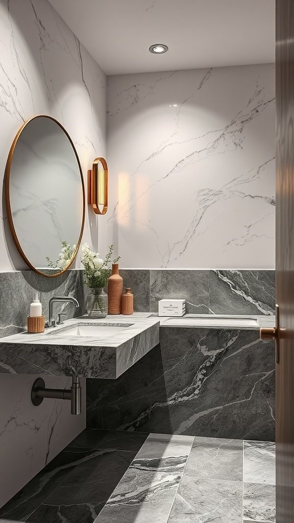 A modern bathroom featuring textured marble countertops and walls