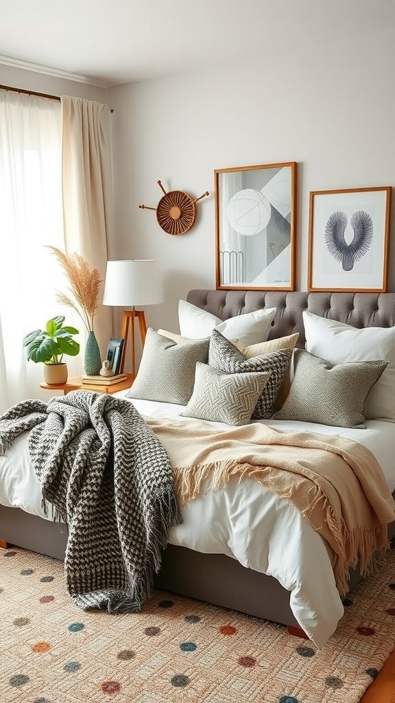 A boho bedroom featuring textured pillows and throws on a bed.