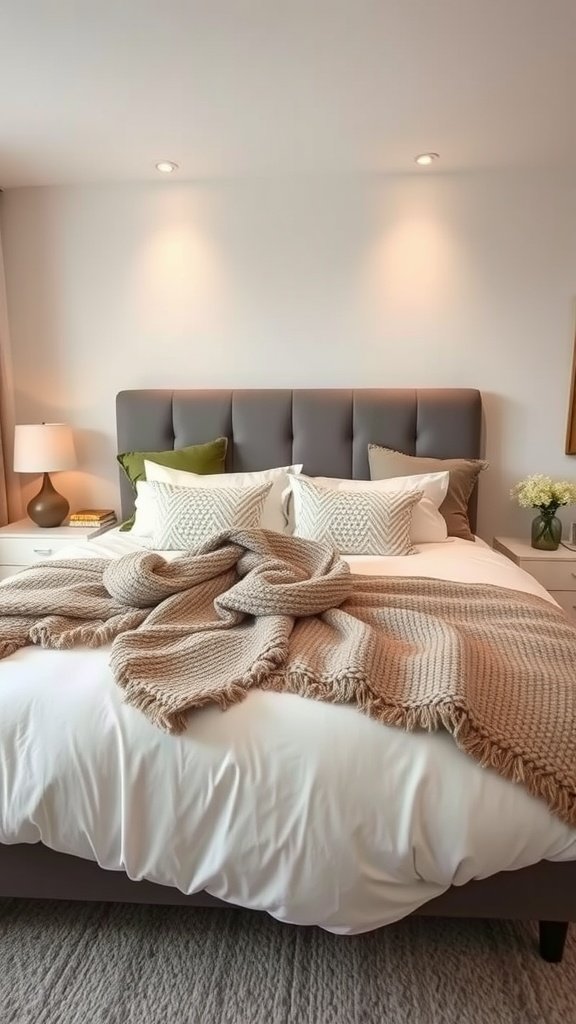 Cozy textured throw blanket on a bed with pillows