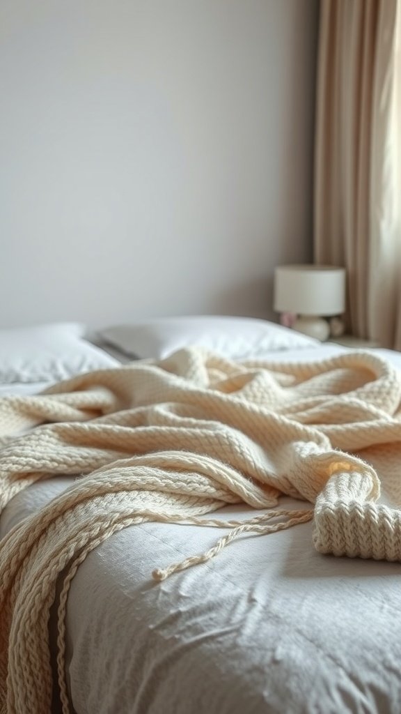 A cozy bedroom with a textured cream throw draped over a bed, adding warmth and style.