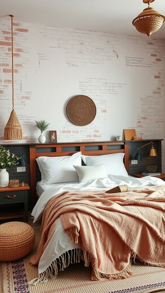A cozy boho bedroom featuring a textured wall with rustic elements, a wooden bed, and warm textiles.