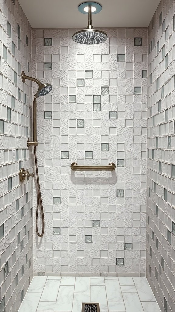 A stylish shower with textured walls and modern fixtures.